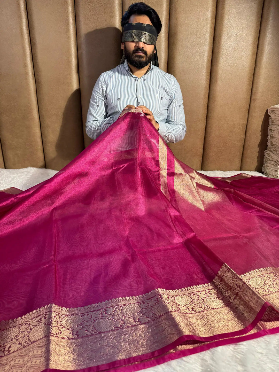 Rani Pink Banarasi tissue silk saree with rich pallu and blouse