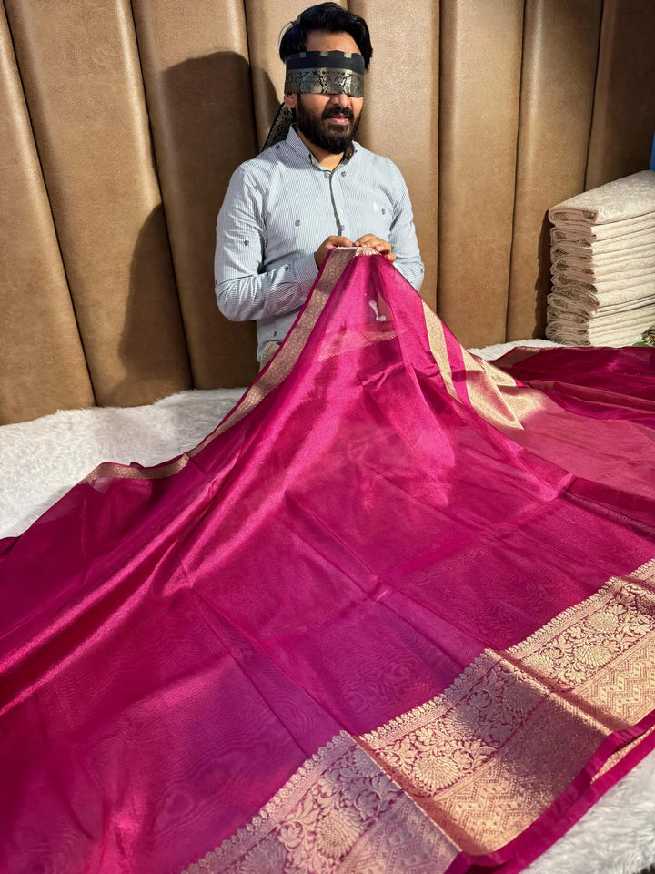 Rani Pink Banarasi tissue silk saree with rich pallu and blouse