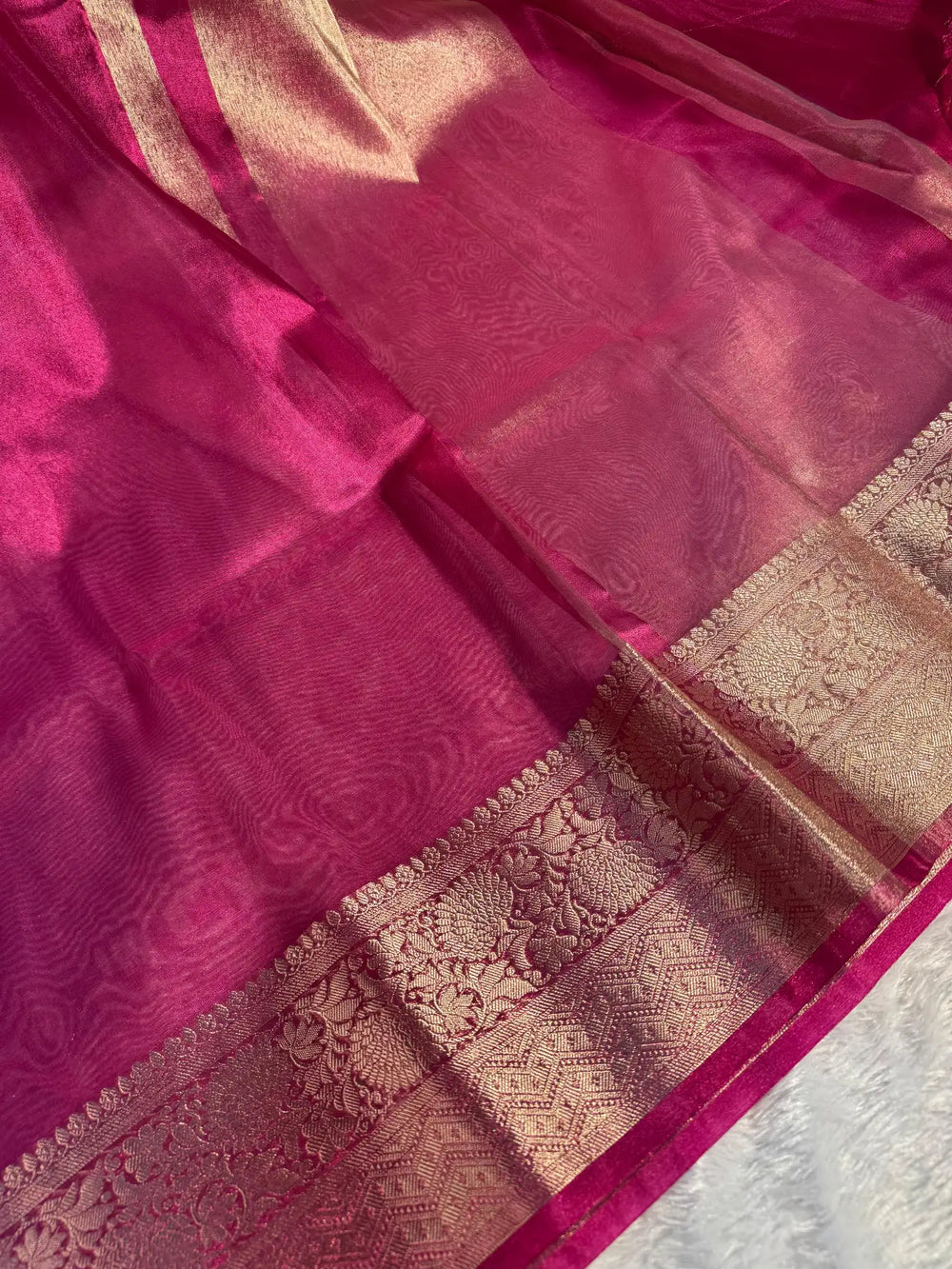 Rani Pink Banarasi tissue silk saree with rich pallu and blouse