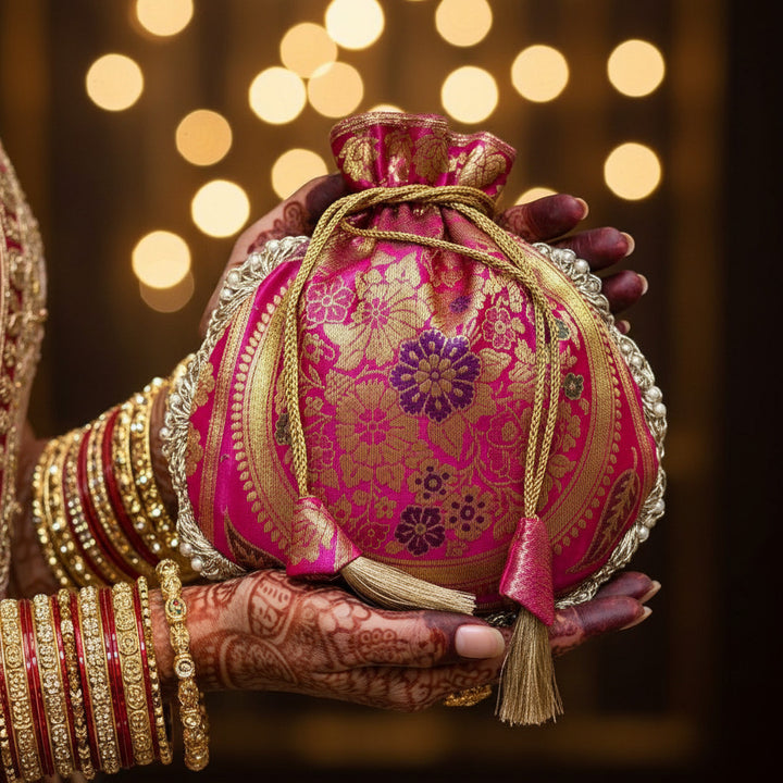 Rani Pink Beautiful Lace Work Banarasi Potli Bags