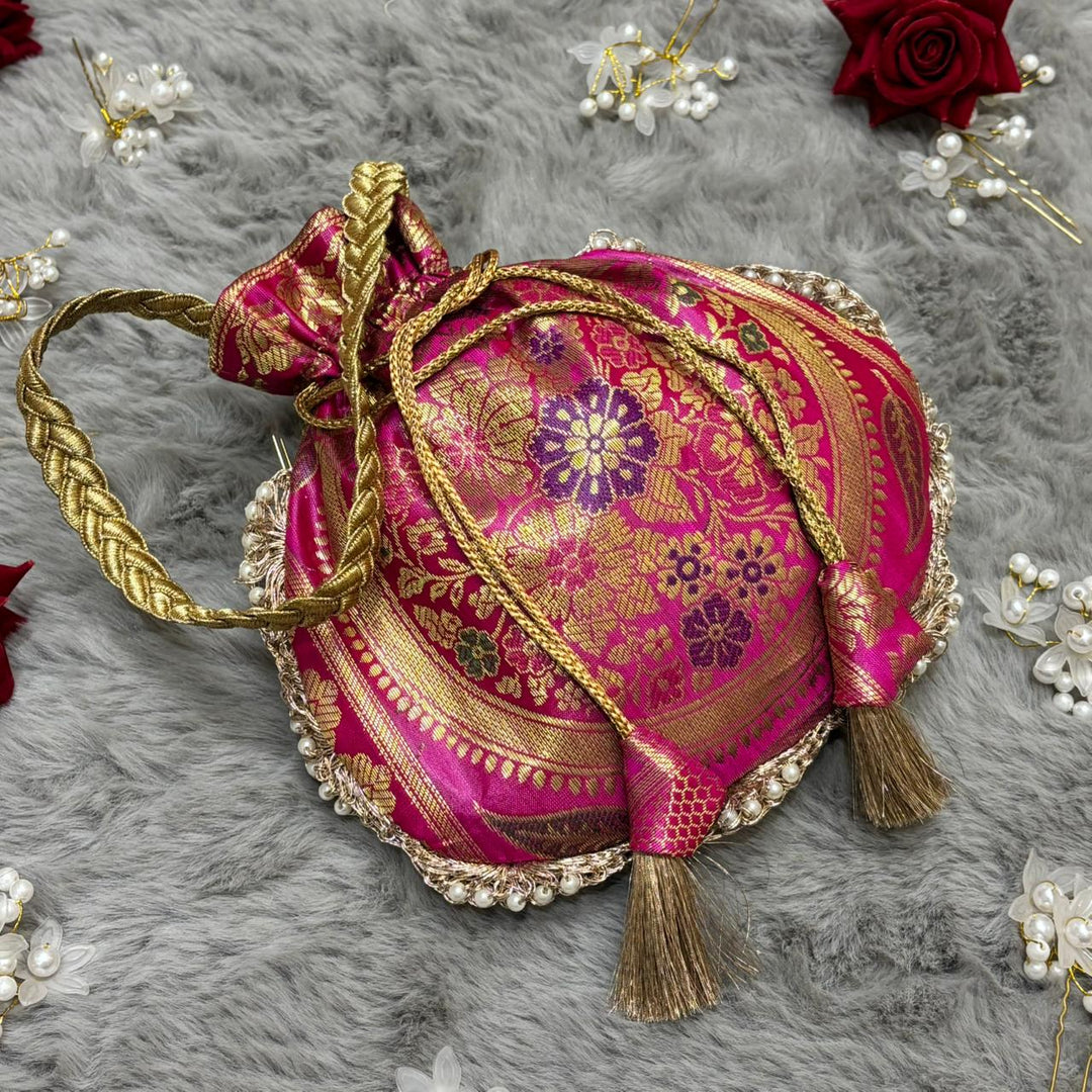 Rani Pink Beautiful Lace Work Banarasi Potli Bags