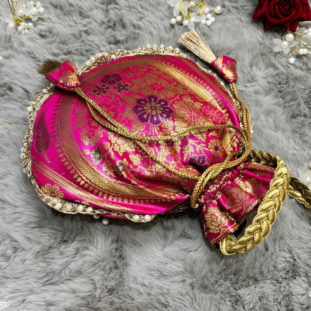 Rani Pink Beautiful Lace Work Banarasi Potli Bags