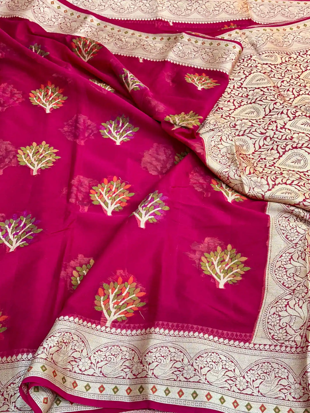 Rani Pink Chiffon Khaddi Buta Banarasi Saree