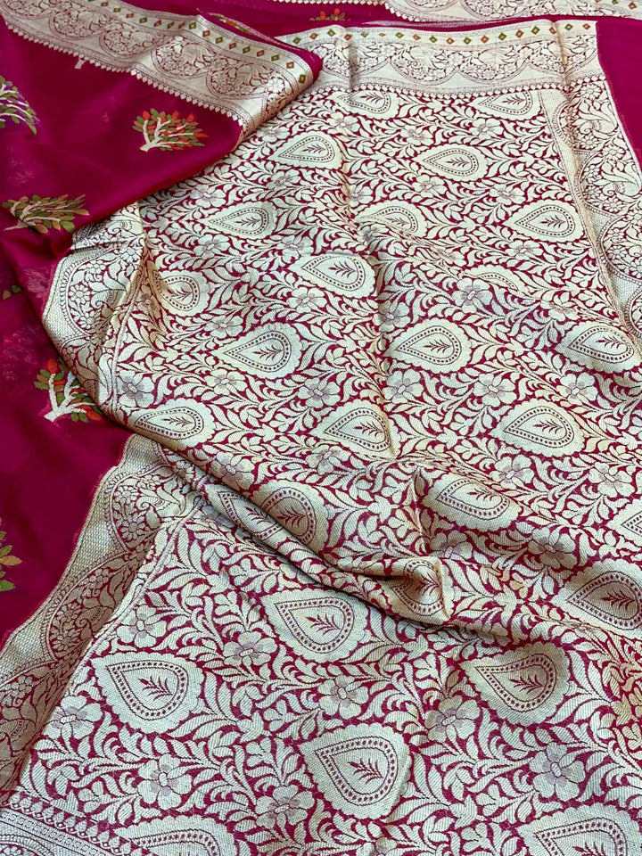 Rani Pink Chiffon Khaddi Buta Banarasi Saree