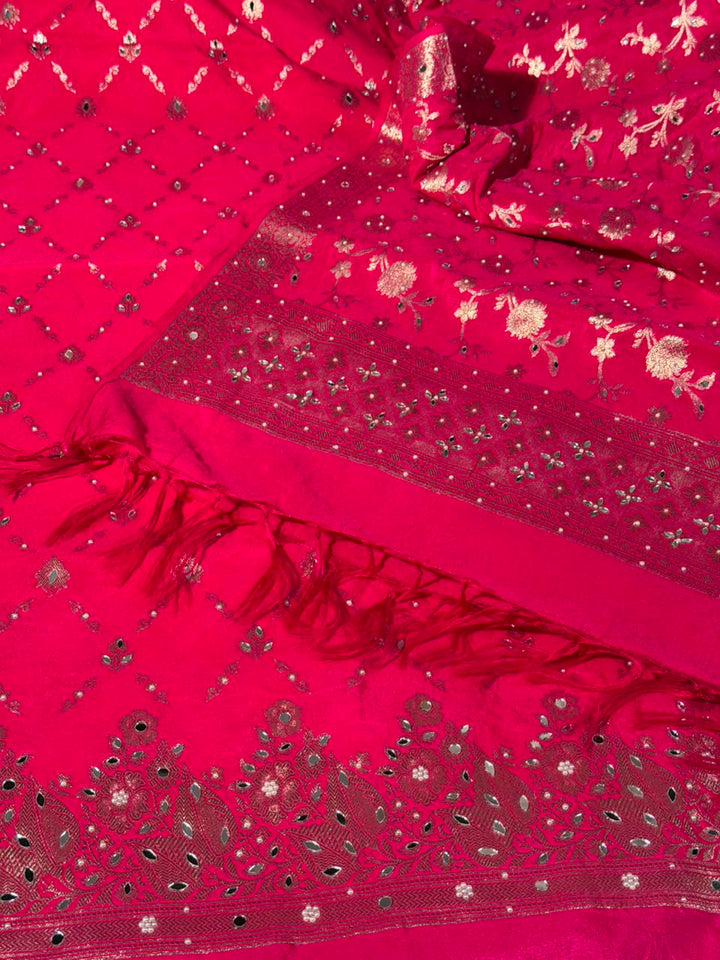 Rani Pink Chinia Silk Banarasi Mirror Work Suit