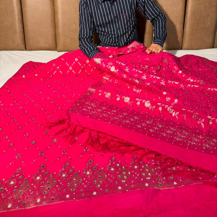 Rani Pink Chinia Silk Banarasi Mirror Work Suit