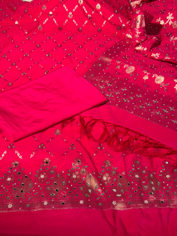Rani Pink Chinia Silk Banarasi Mirror Work Suit