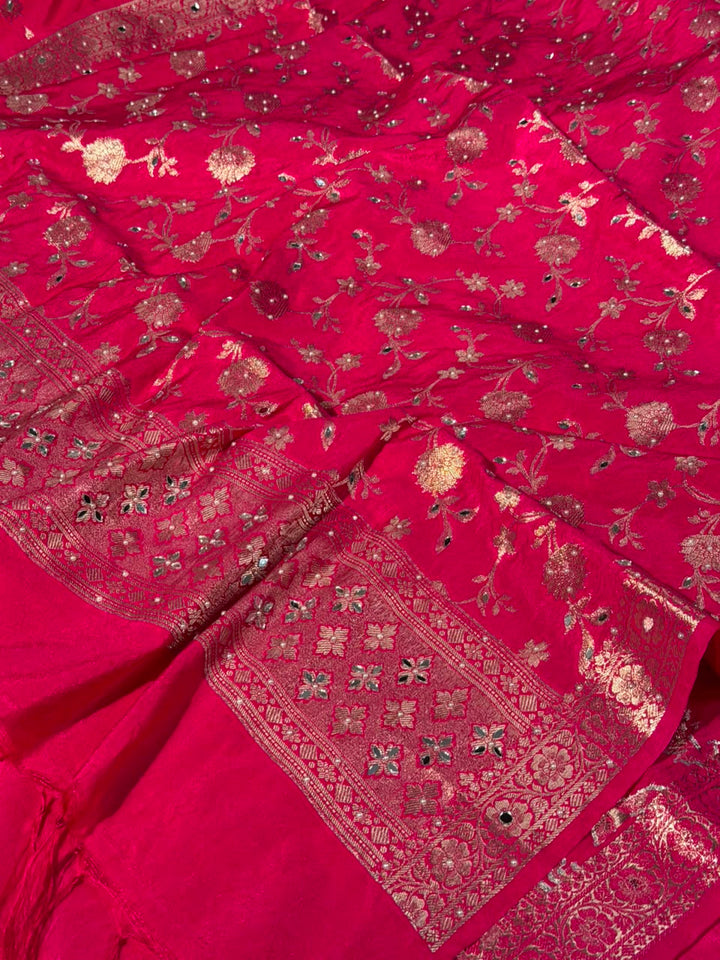 Rani Pink Chinia Silk Banarasi Mirror Work Suit