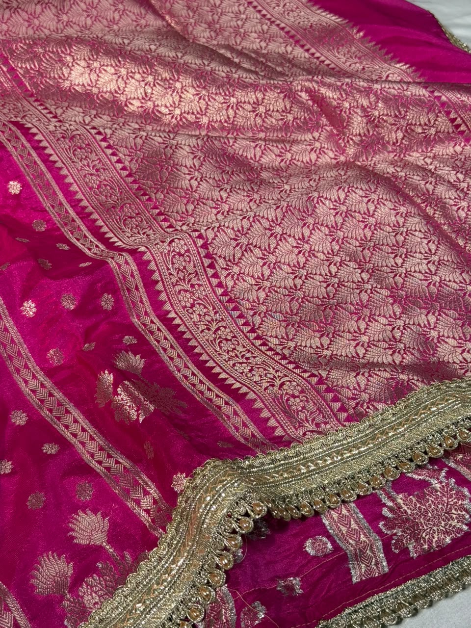 Rani Pink Chinia Silk Lace Work Designer Saree