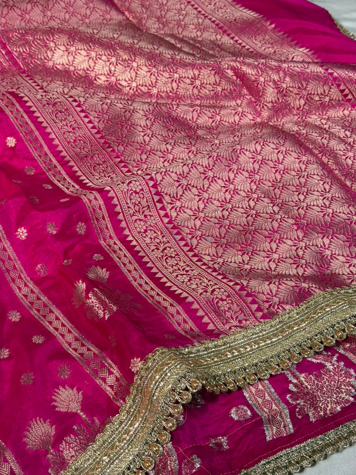 Rani Pink Chinia Silk Lace Work Designer Saree