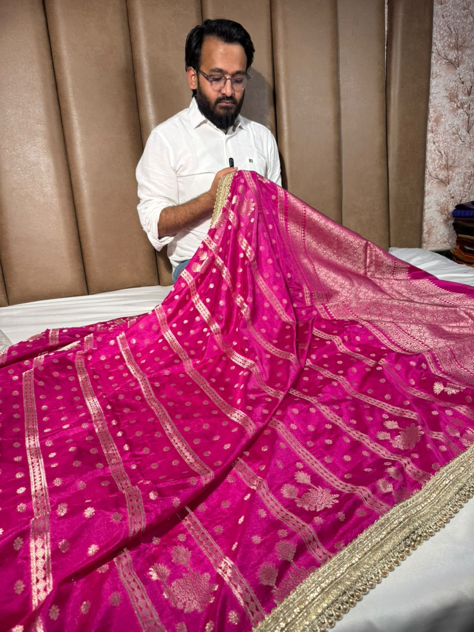 Rani Pink Chinia Silk Lace Work Designer Saree