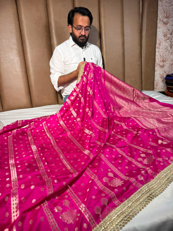 Rani Pink Chinia Silk Lace Work Designer Saree