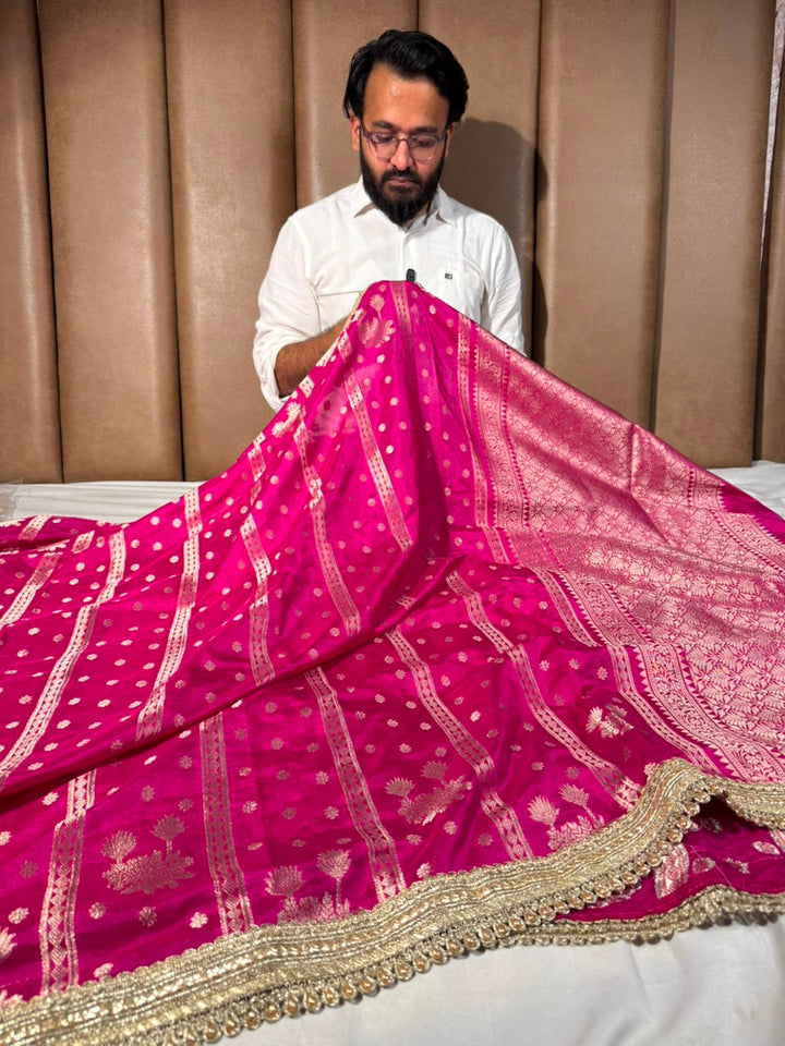 Rani Pink Chinia Silk Lace Work Designer Saree