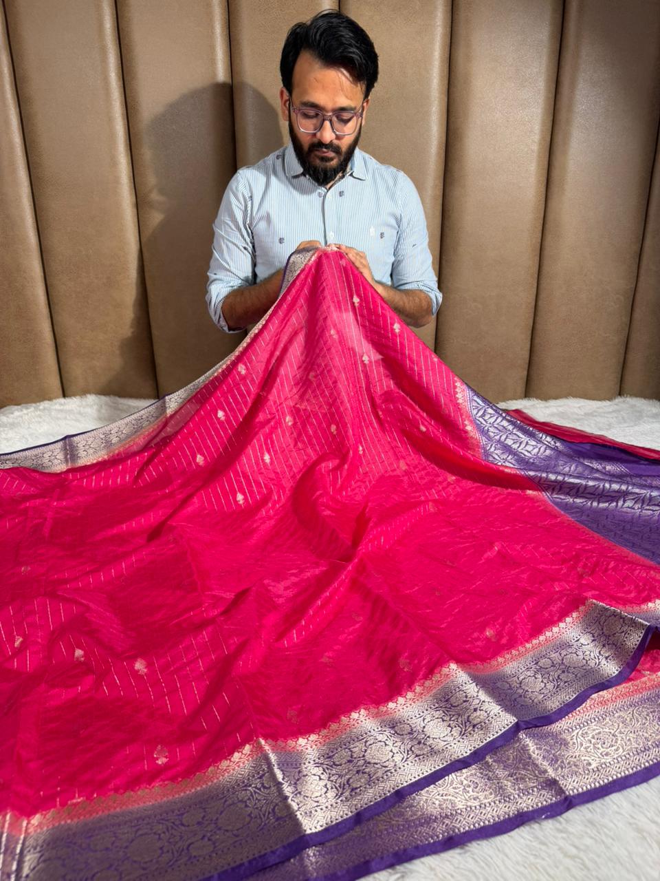 Rani Pink Chinia Silk with Contrast Purple Border Banarasi Saree