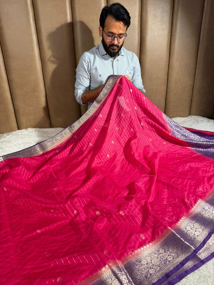 Rani Pink Chinia Silk with Contrast Purple Border Banarasi Saree