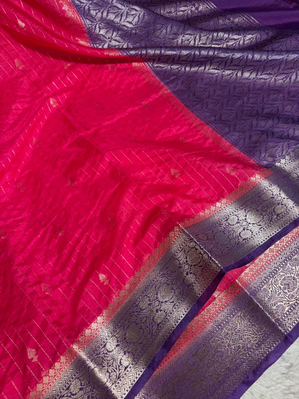 Rani Pink Chinia Silk with Contrast Purple Border Banarasi Saree