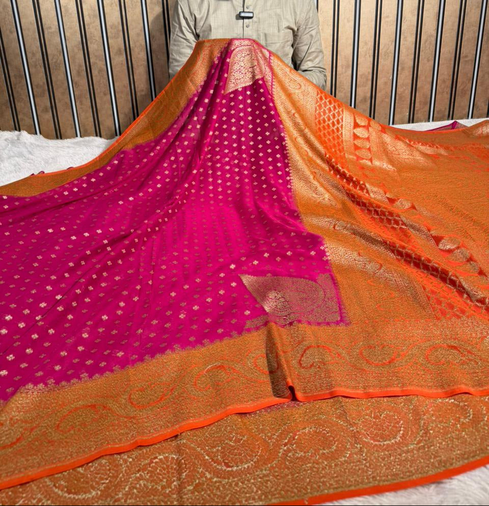 Rani Pink Contrast Pure Crepe Georgette Silk Heritage Antique Zari Weave Banarasi Sare