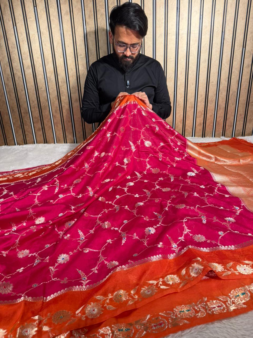 Rani Pink Eccentric Chinia Silk Meenakari Banarasi saree