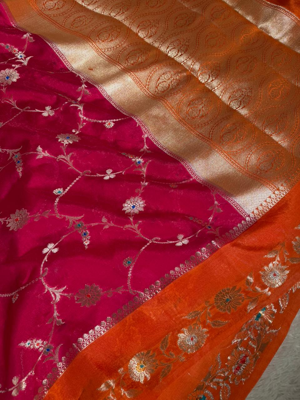 Rani Pink Eccentric Chinia Silk Meenakari Banarasi saree