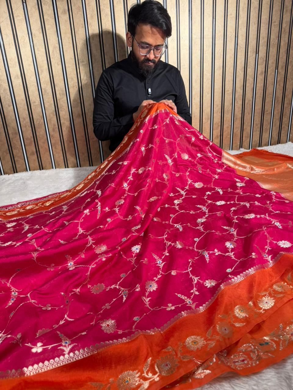 Rani Pink Eccentric Chinia Silk Meenakari Banarasi saree