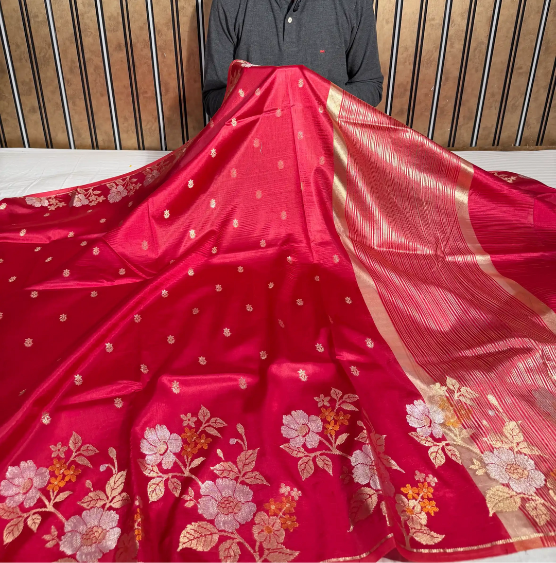 Rani Pink Eccentric Raw Dupion Silk Banarasi Saree
