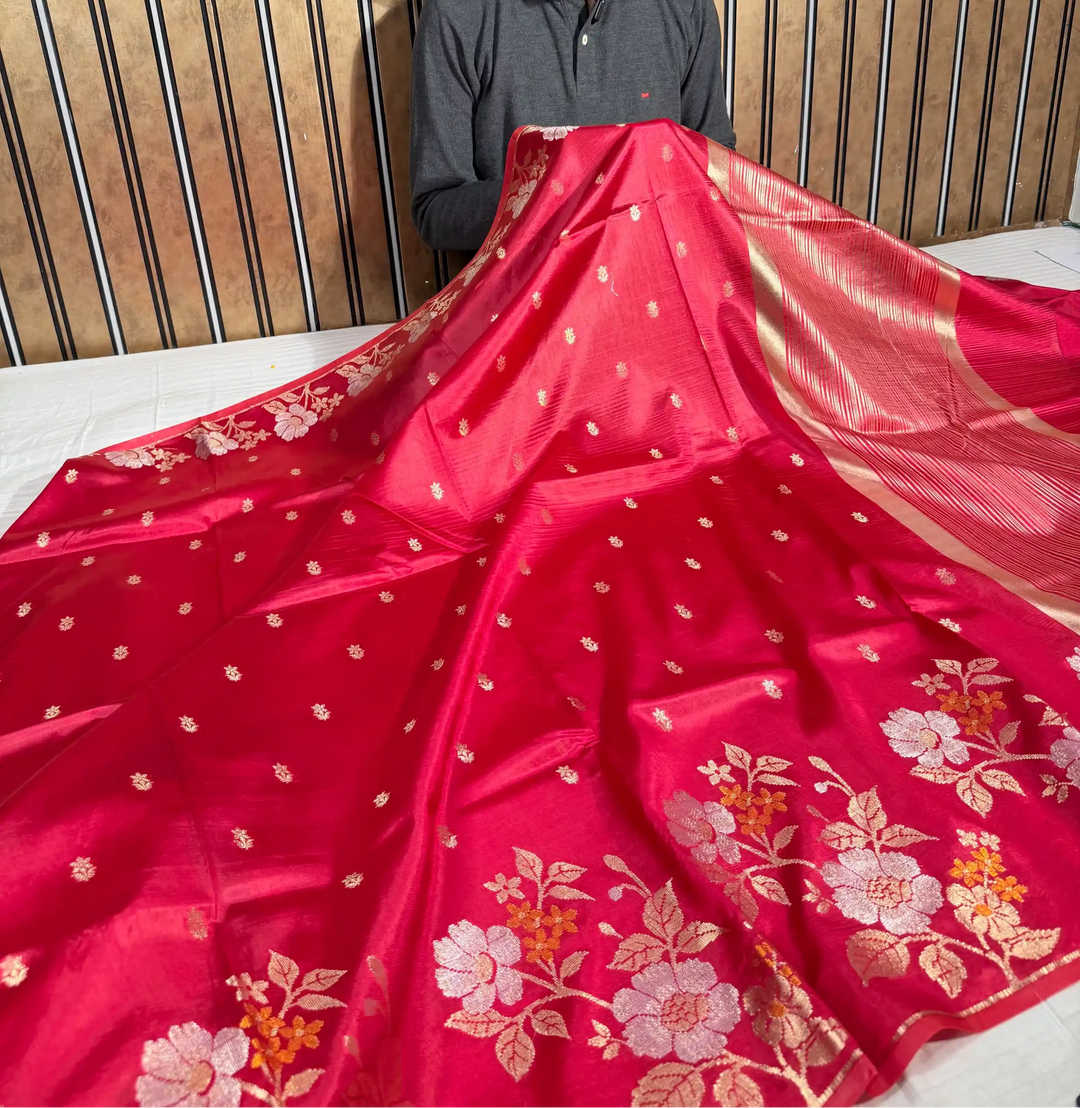 Rani Pink Eccentric Raw Dupion Silk Banarasi Saree