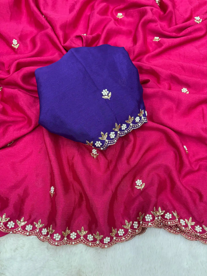 Rani Pink Embroidery And Beads Work Soft Silk Saree