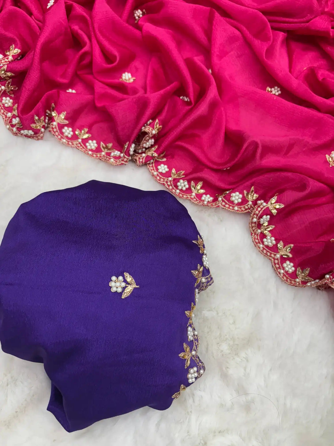 Rani Pink Embroidery And Beads Work Soft Silk Saree