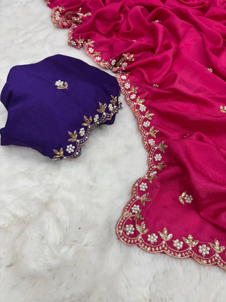 Rani Pink Embroidery And Beads Work Soft Silk Saree