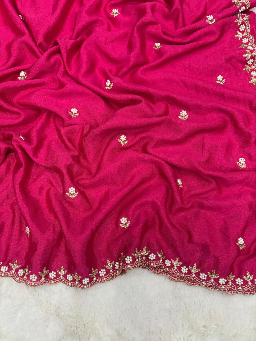 Rani Pink Embroidery And Beads Work Soft Silk Saree