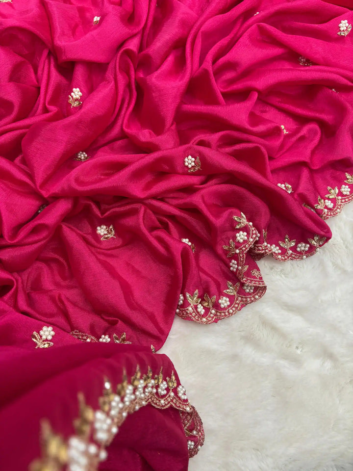 Rani Pink Embroidery And Beads Work Soft Silk Saree