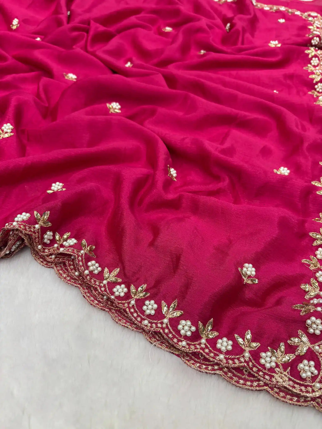 Rani Pink Embroidery And Beads Work Soft Silk Saree