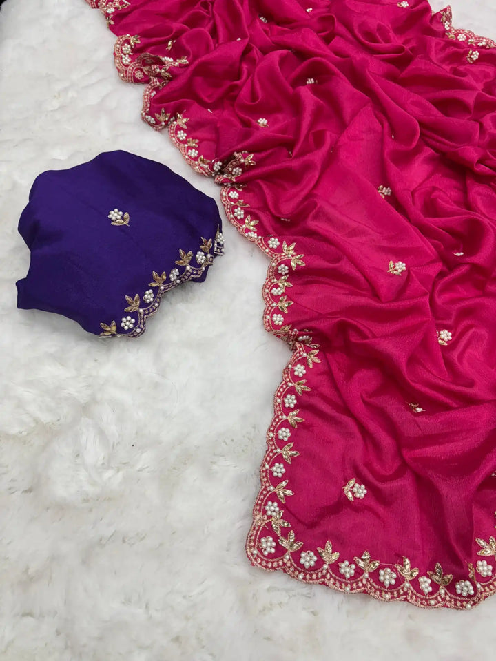 Rani Pink Embroidery And Beads Work Soft Silk Saree