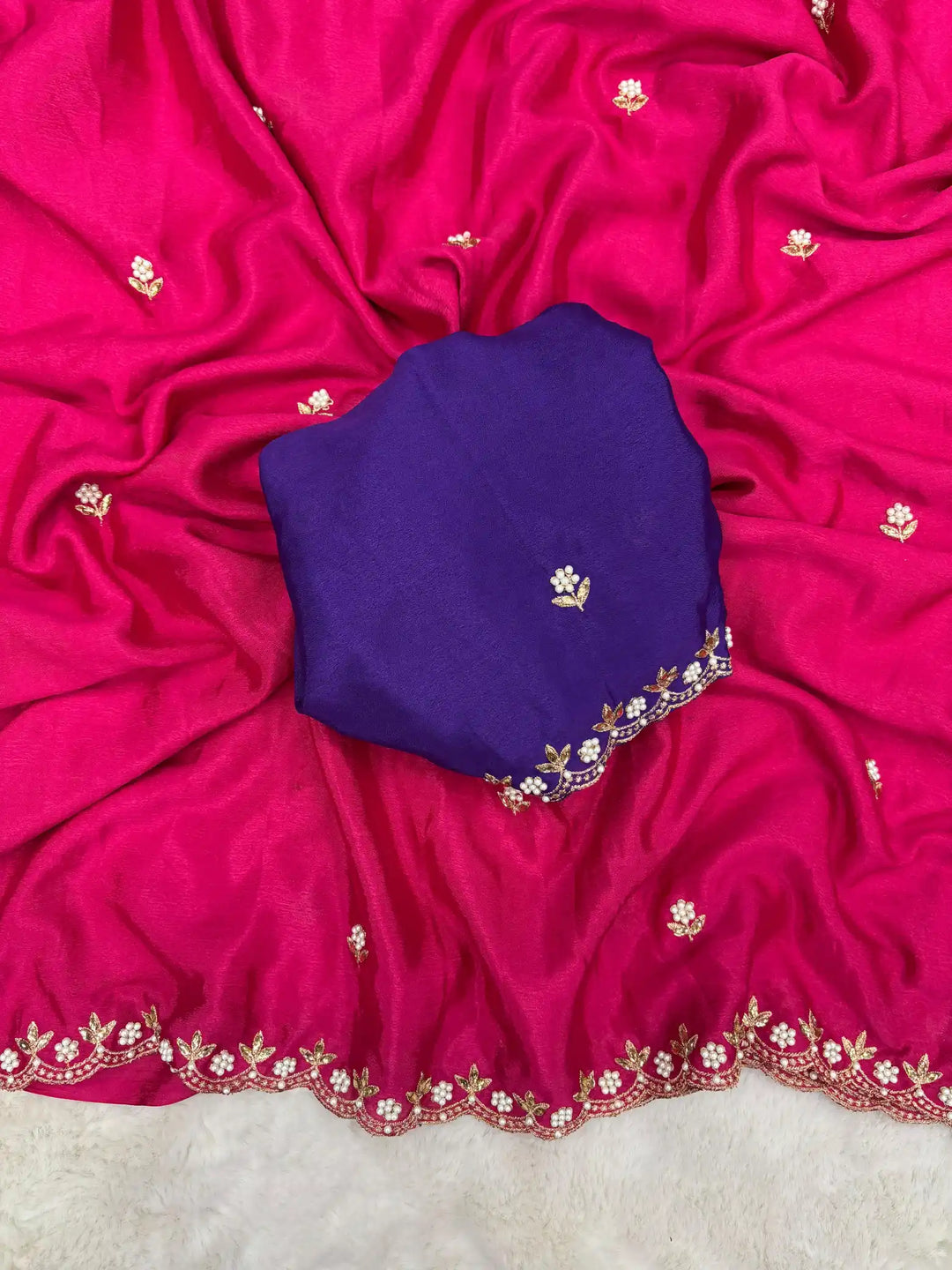 Rani Pink Embroidery And Beads Work Soft Silk Saree