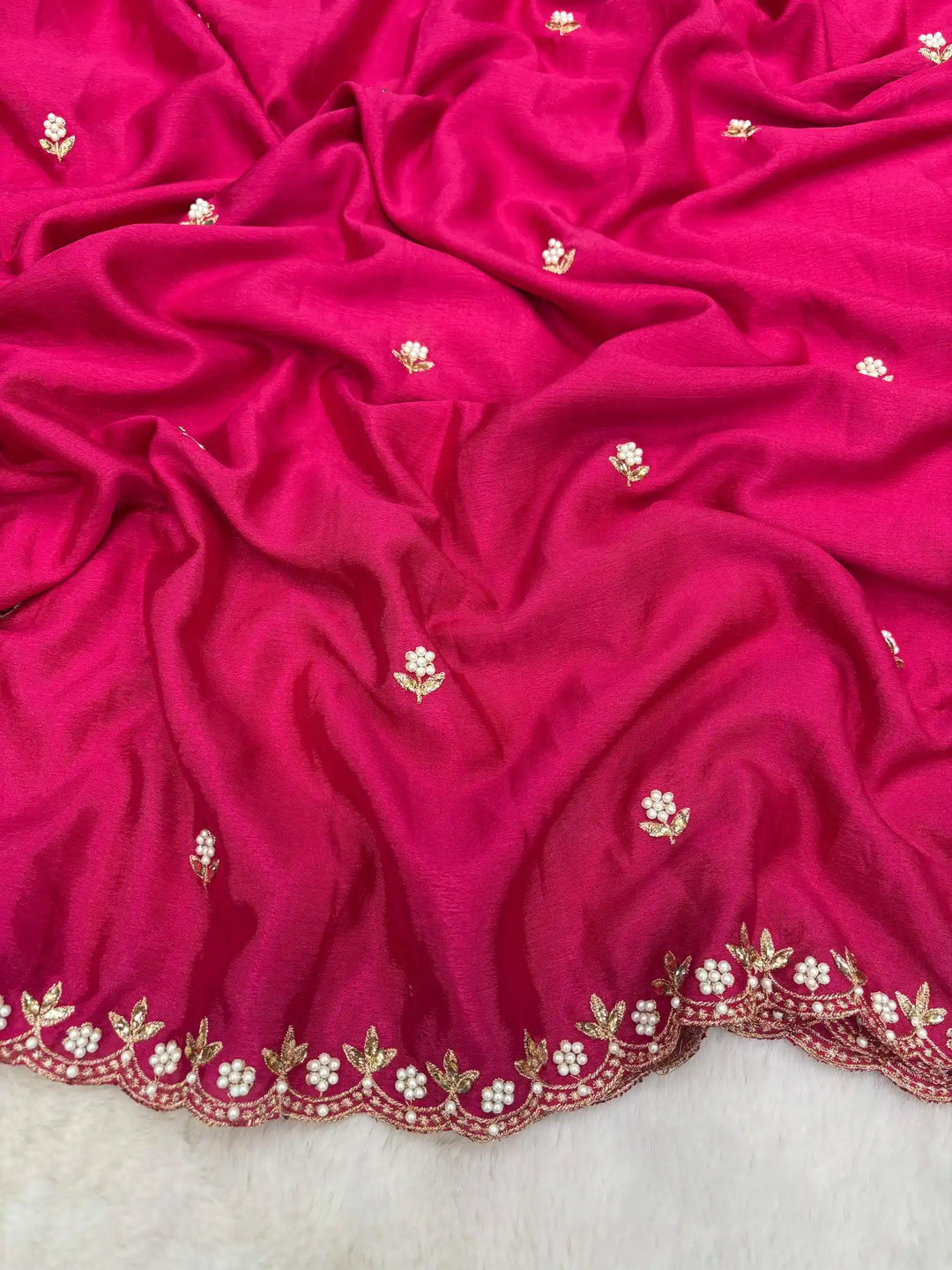 Rani Pink Embroidery And Beads Work Soft Silk Saree