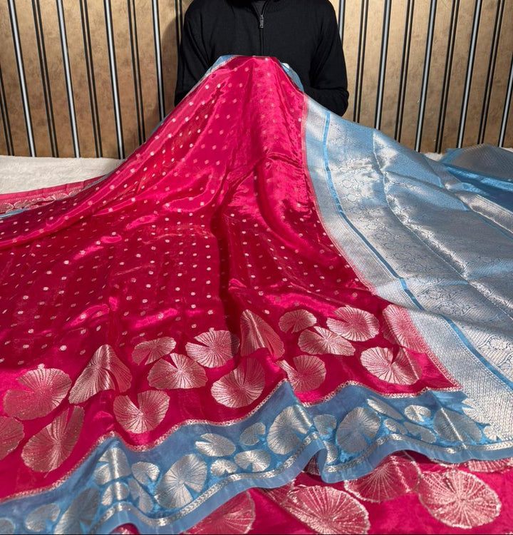 Rani Pink Firozi Contrast Border Banana Silk Banarasi Saree