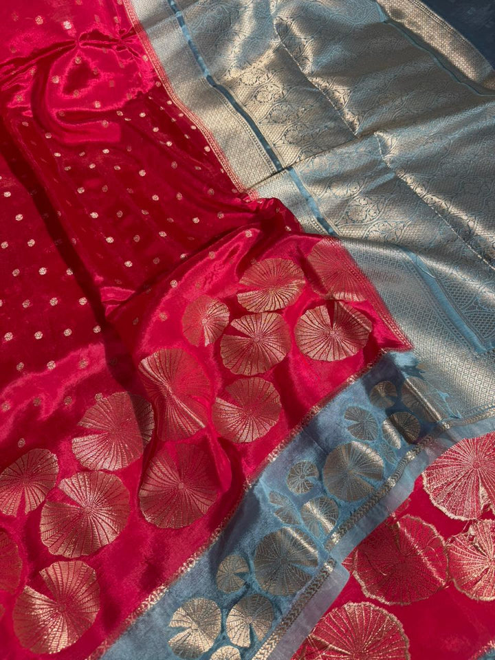 Rani Pink Firozi Contrast Border Banana Silk Banarasi Saree