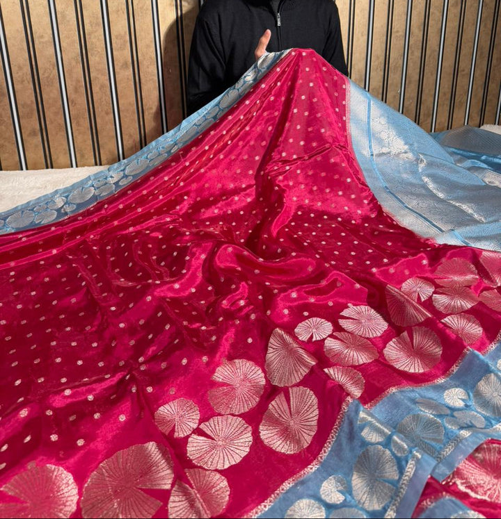 Rani Pink Firozi Contrast Border Banana Silk Banarasi Saree