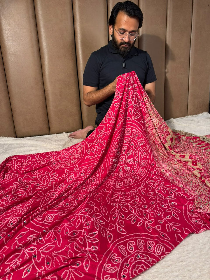 Rani Pink Gaji Silk Floral Mirror Work Saree