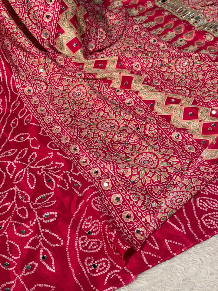 Rani Pink Gaji Silk Floral Mirror Work Saree