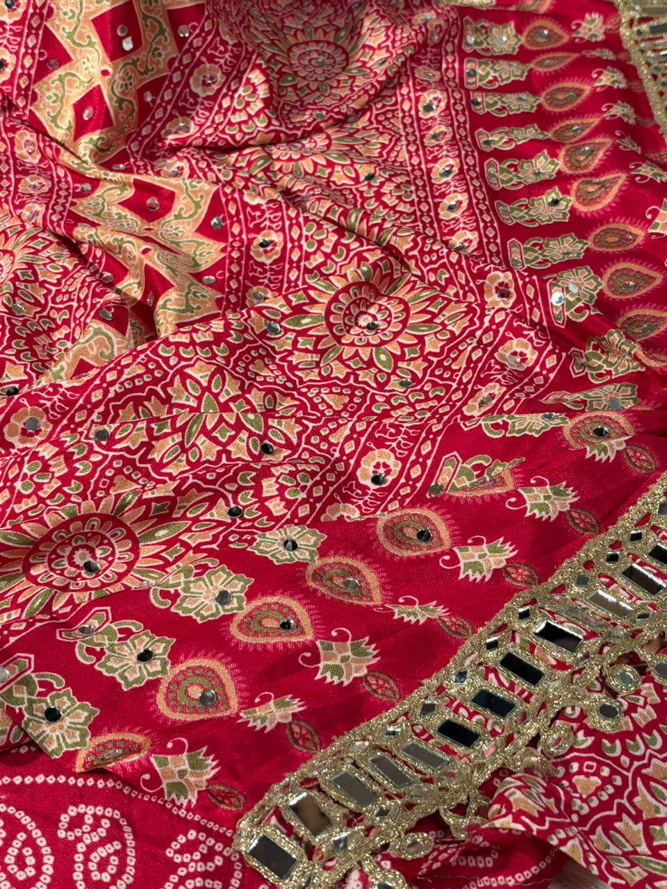 Rani Pink Gaji Silk Floral Mirror Work Saree