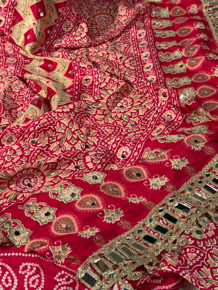 Rani Pink Gaji Silk Floral Mirror Work Saree