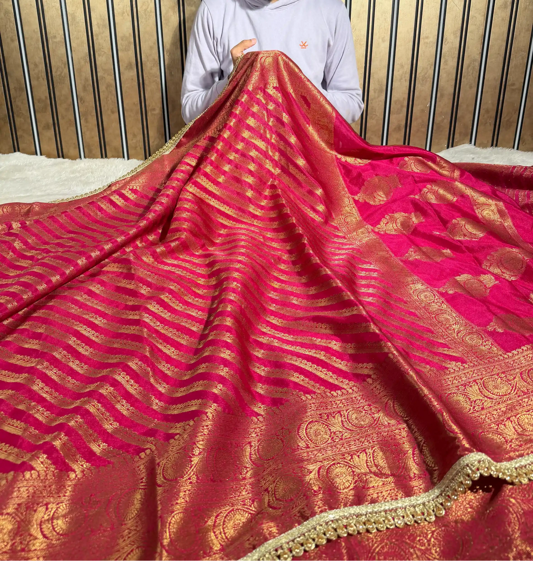 Rani Pink Georgette Silk Designer Lace Attached Banarasi Saree