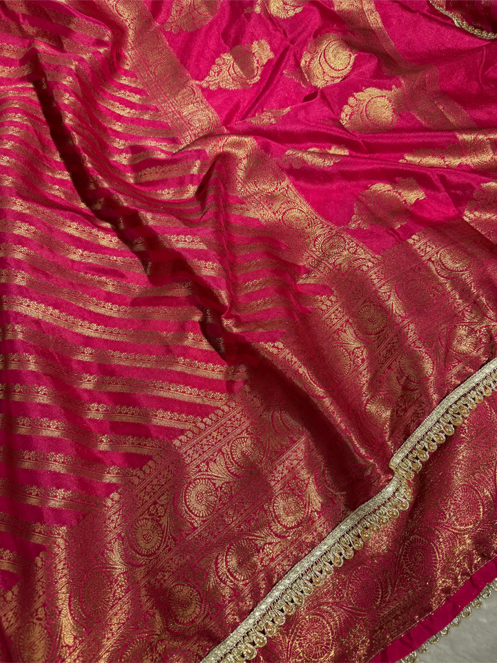 Rani Pink Georgette Silk Designer Lace Attached Banarasi Saree
