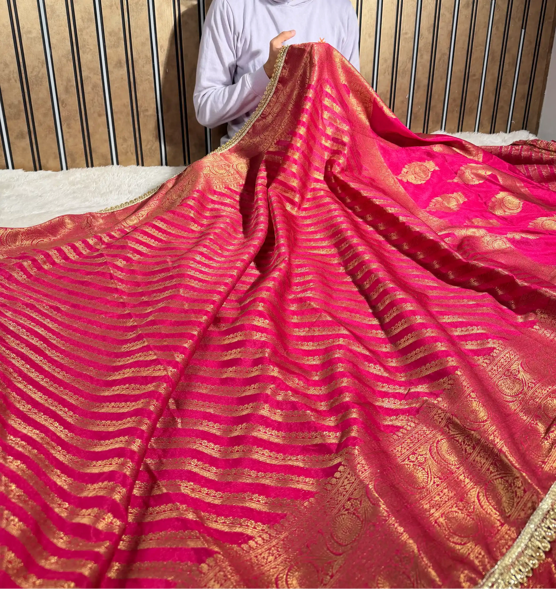 Rani Pink Georgette Silk Designer Lace Attached Banarasi Saree