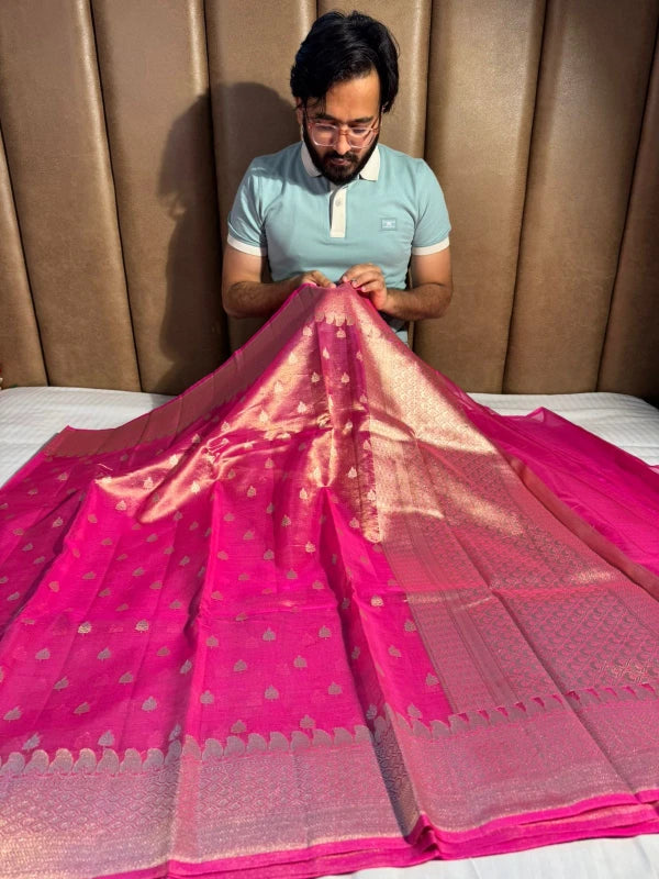 Rani Pink Handloom Kadhwa Pure Tissue Silk Saree with Rich Pallu and Blouse
