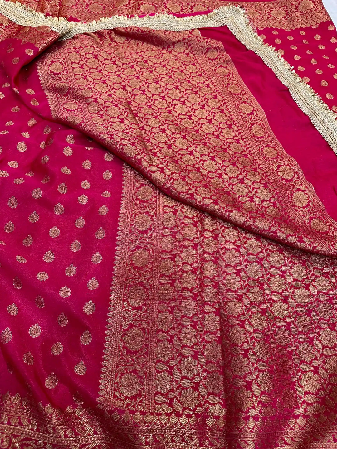 Rani Pink Khaddi Buti Georgette Silk Lace Attached Banarasi Saree 