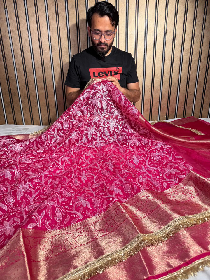 Rani Pink Kora Organza Chikankari Embroidery Work Banarasi Saree