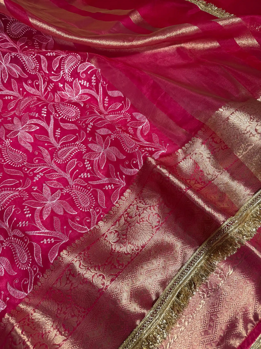 Rani Pink Kora Organza Chikankari Embroidery Work Banarasi Saree