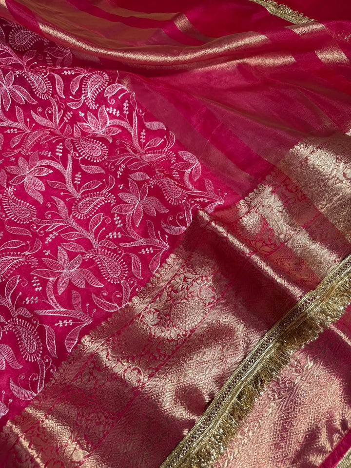 Rani Pink Kora Organza Chikankari Embroidery Work Banarasi Saree